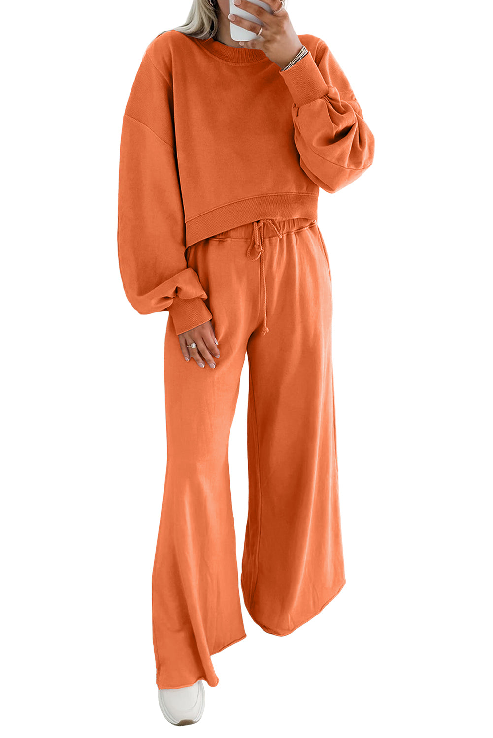 Flamingo Drop Shoulder Crop Pullover Drawstring Wide Leg Pants Set